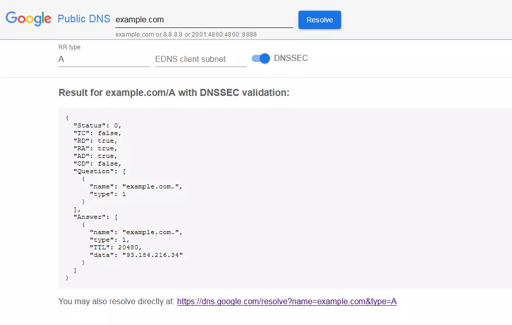 Result of an A record lookup using the Google Public DNS service Image: Result of an A record lookup using the Google Public DNS service
