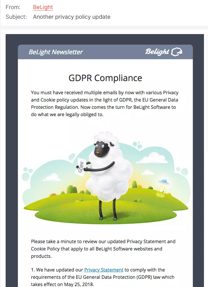 Example of a newsletter from BeLight with GDPR information Image: Example of a newsletter from BeLight with GDPR information