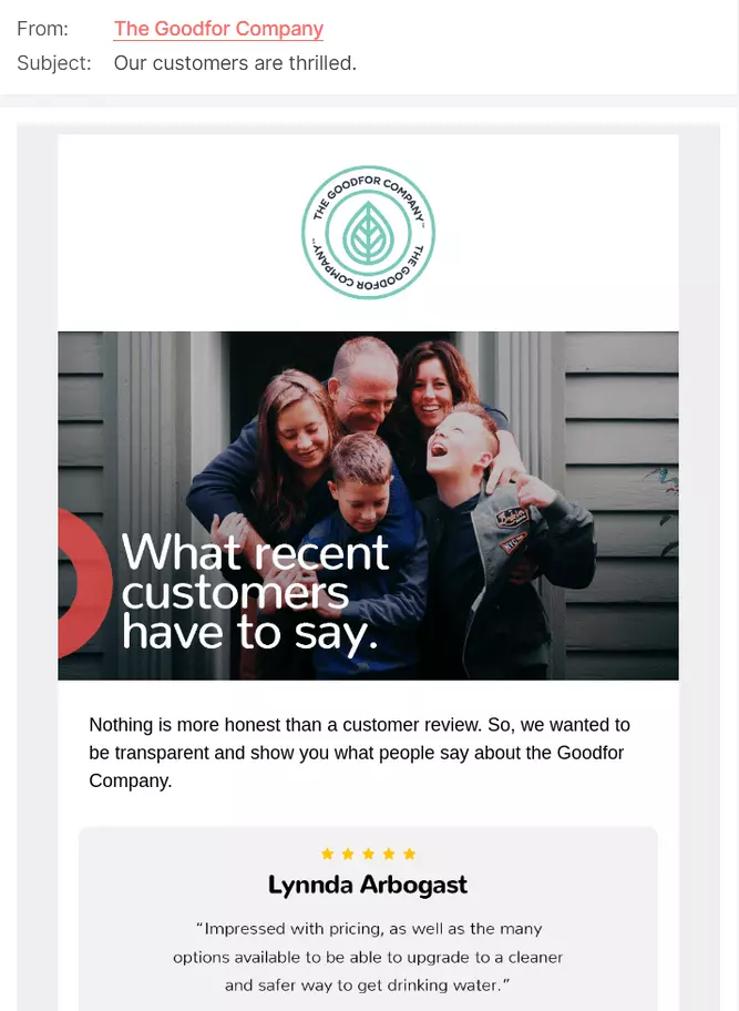 Example of a newsletter with customer comments fromThe Goodfor Company Image: Example of a newsletter with customer comments fromThe Goodfor Company