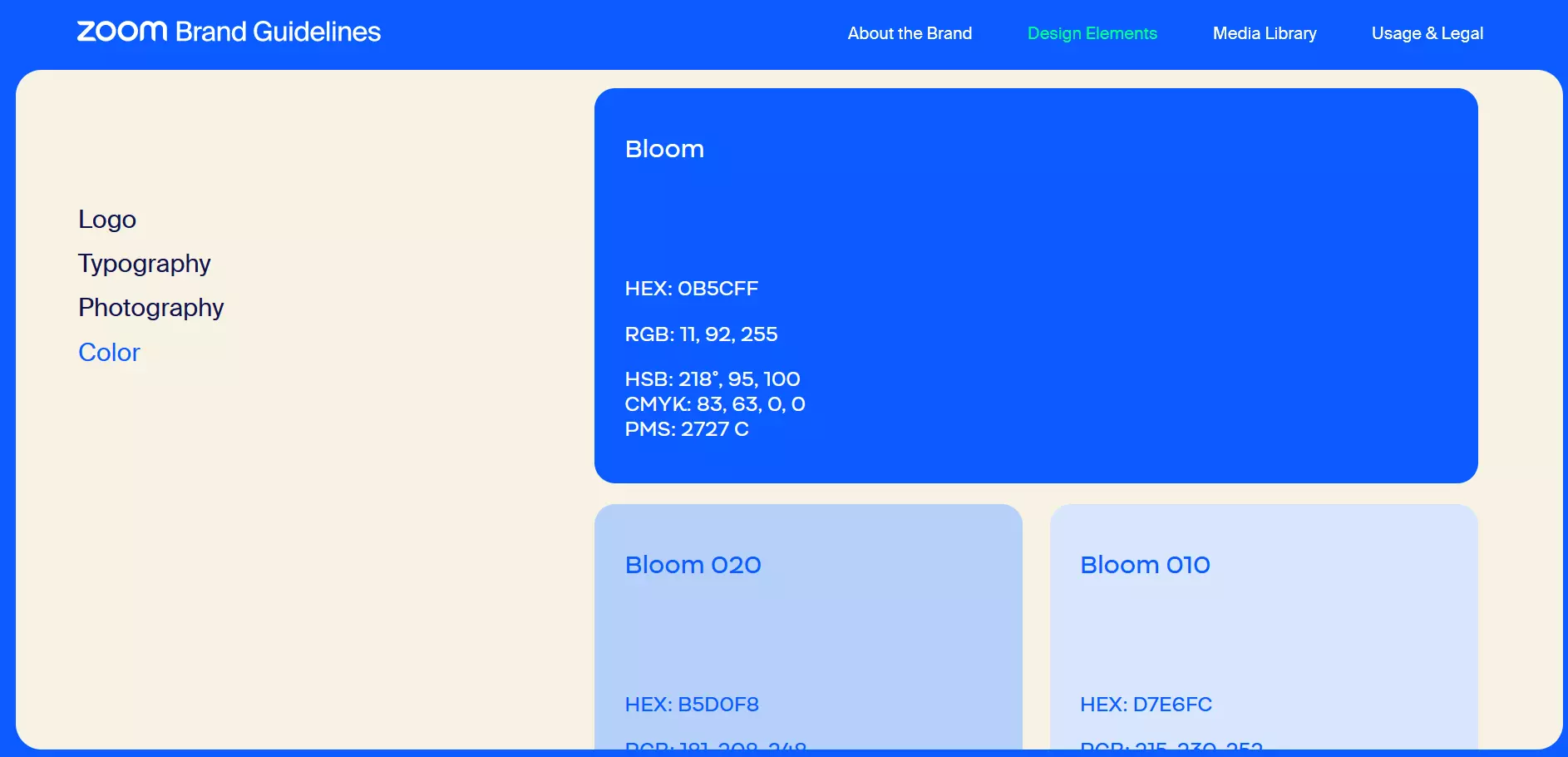 Image: Screenshot of Zoom&rsquo;s color palette in the video communication platform&rsquo;s style guide.