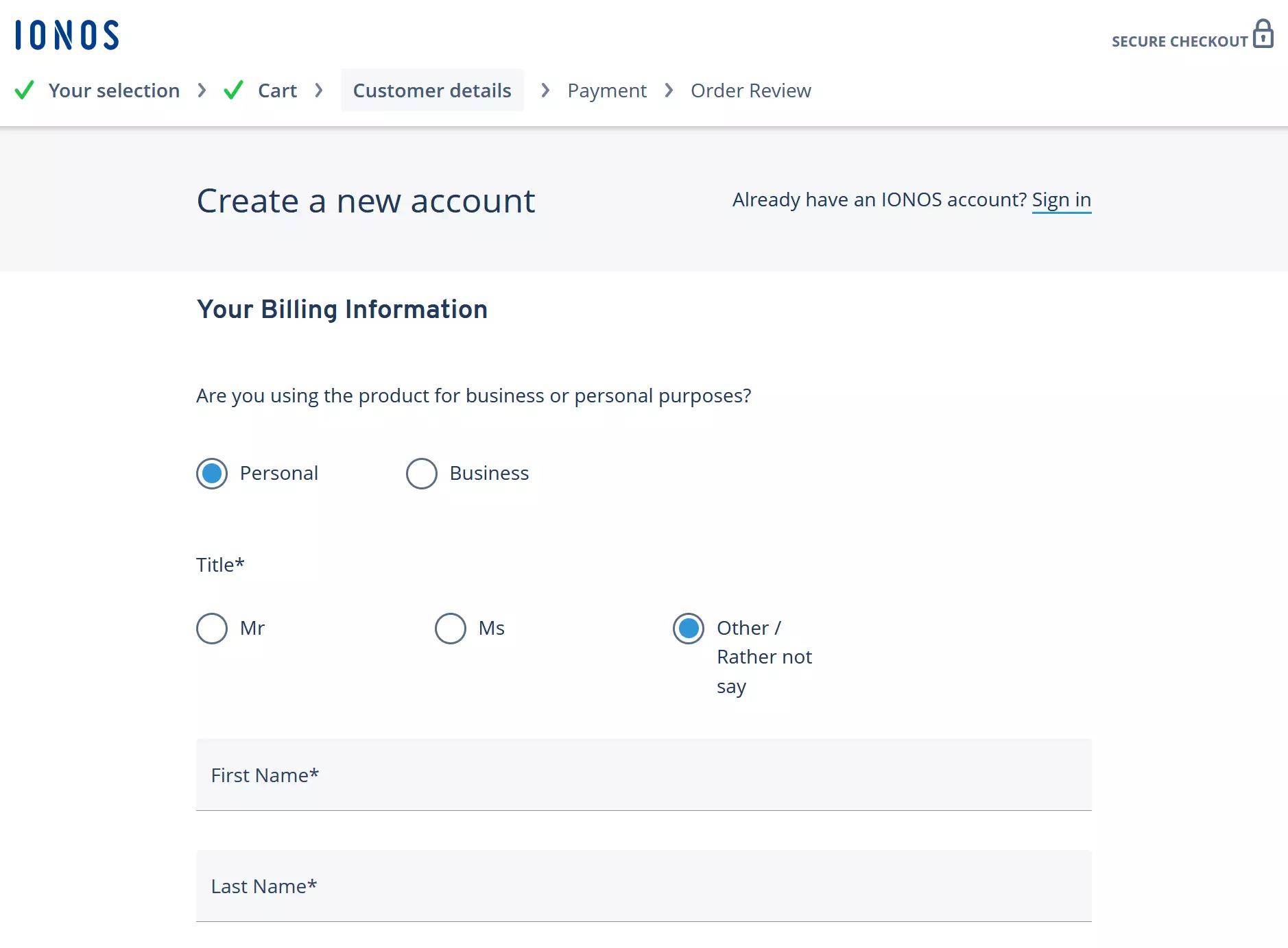 Image: Screenshot of the order form for creating a customer account with IONOS