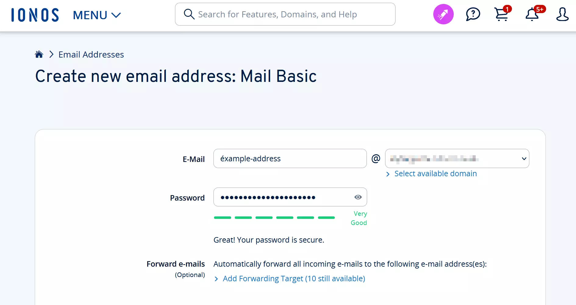 Image: Screenshot of page for creating a new email address in IONOS Control Center
