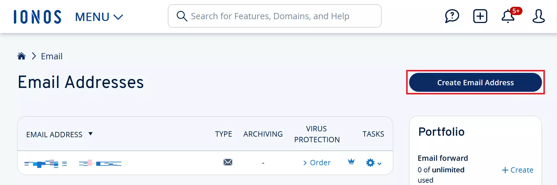 Image: Screenshot of section for email accounts in IONOS Control Panel