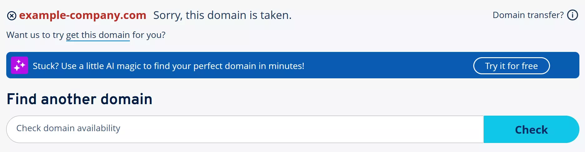Image: IONOS Domain Check notification stating that the domain is already taken