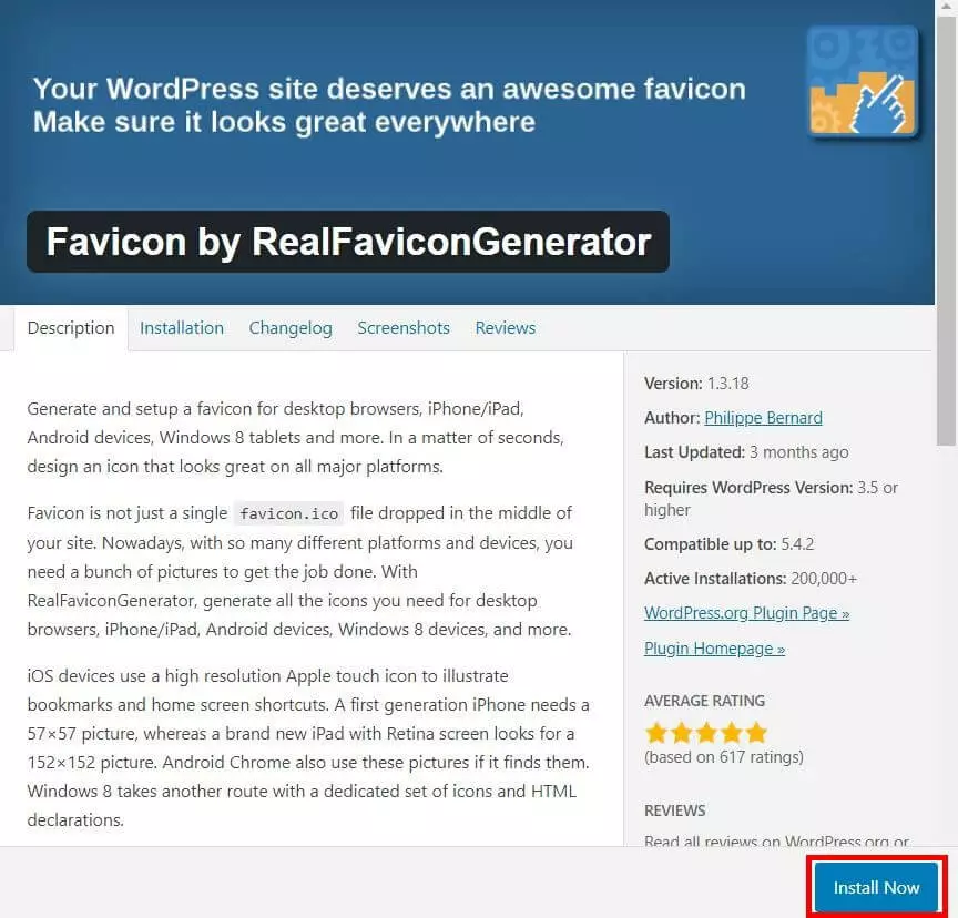 Image: The installation menu for the WordPress plug-in Favicon by RealFaviconGenerator