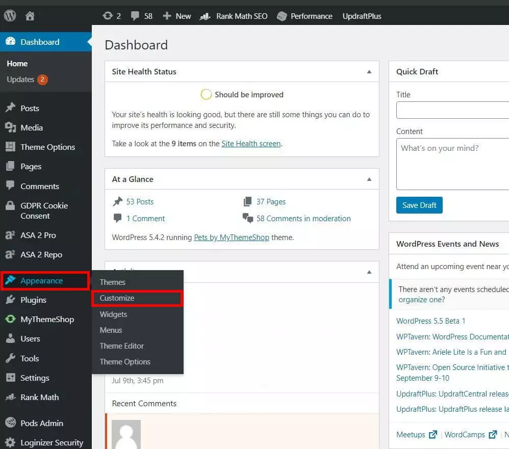 Image: Favicons in WordPress: Navigating to the Customizer in the WordPress dashboard