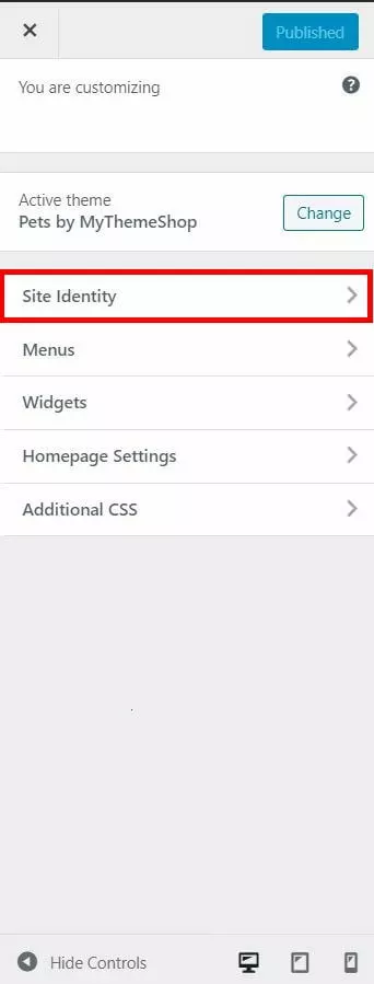 Image: Favicons in WordPress: Clicking on &ldquo;Site Identity&rdquo;
