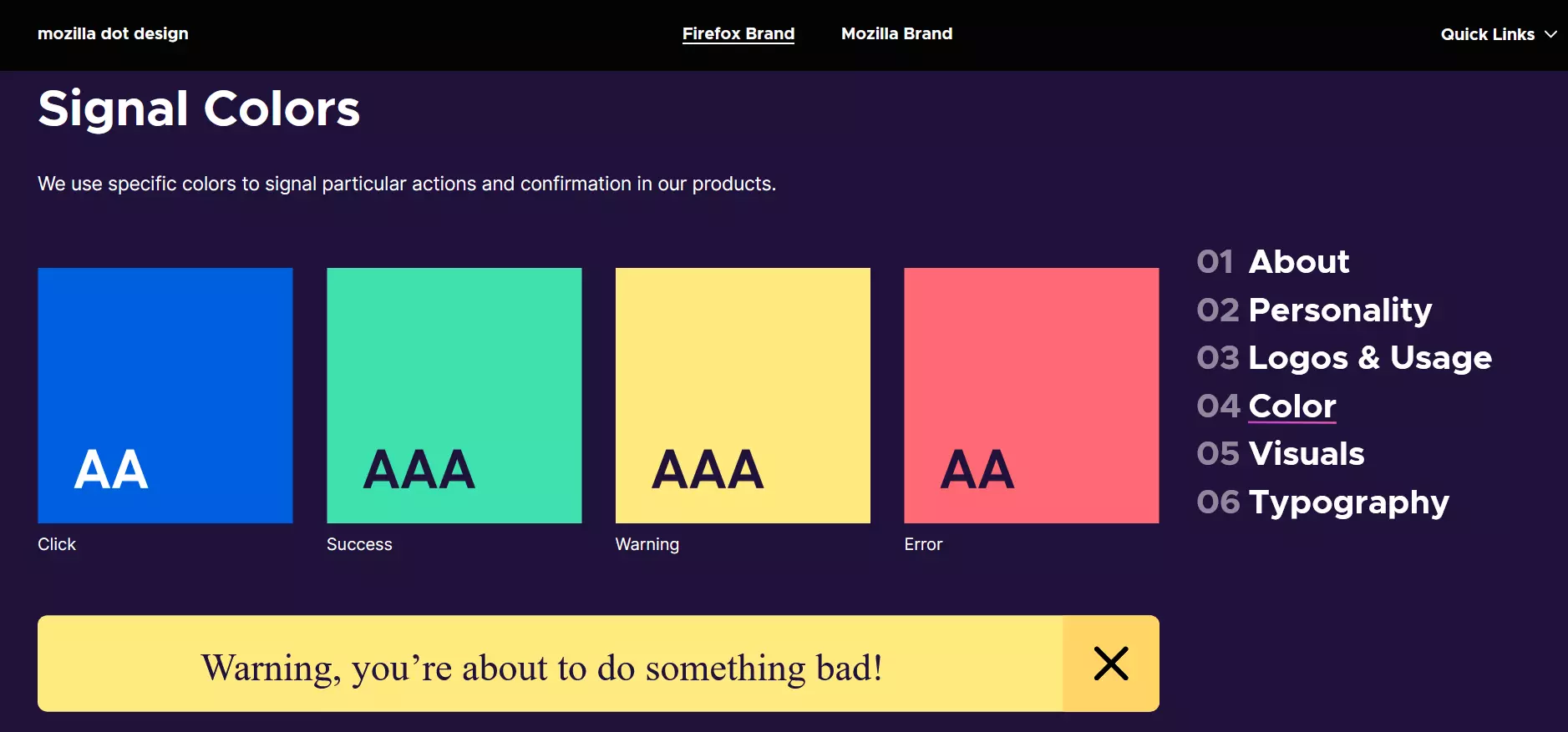 Image: Screenshot of the color palette for signal colors in the style guide for the Firefox browser