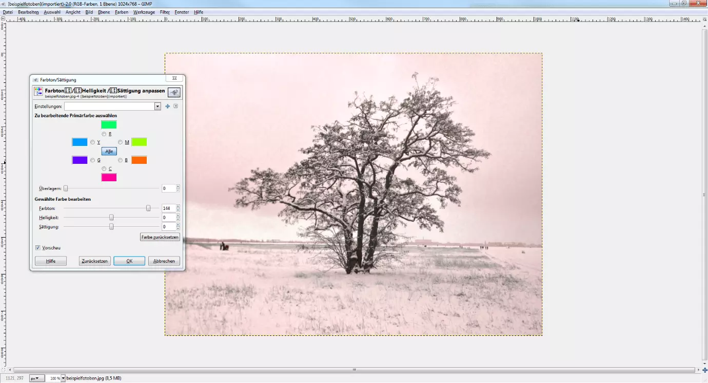Screenshot of GIMP, adjustment of colors and saturation Image: Screenshot of GIMP, adjustment of colors and saturation