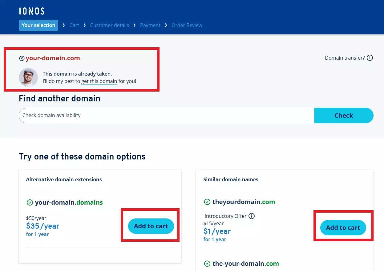 IONOS domain finder: alternative suggestions for already registered domains Image: IONOS domain finder: alternative suggestions for already registered domains