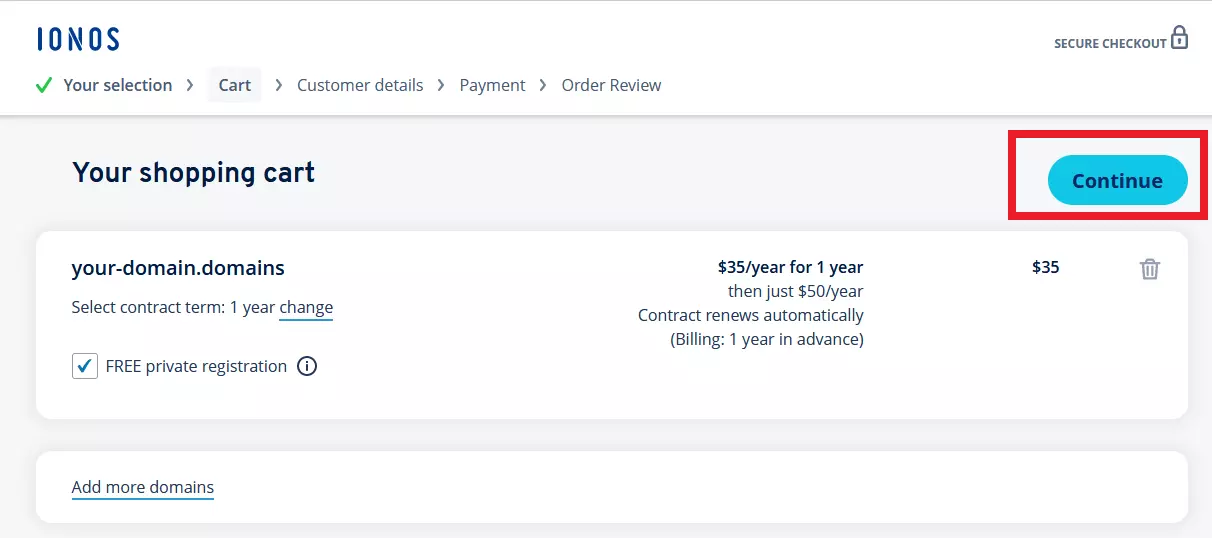 How to buy a domain name with IONOS: shopping cart Image: How to buy a domain name with IONOS: shopping cart